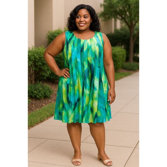 Glamour Plus Size 16W Dress Green Abstract Print Sleeveless Pleated Fully Lined - Picture 10 of 10